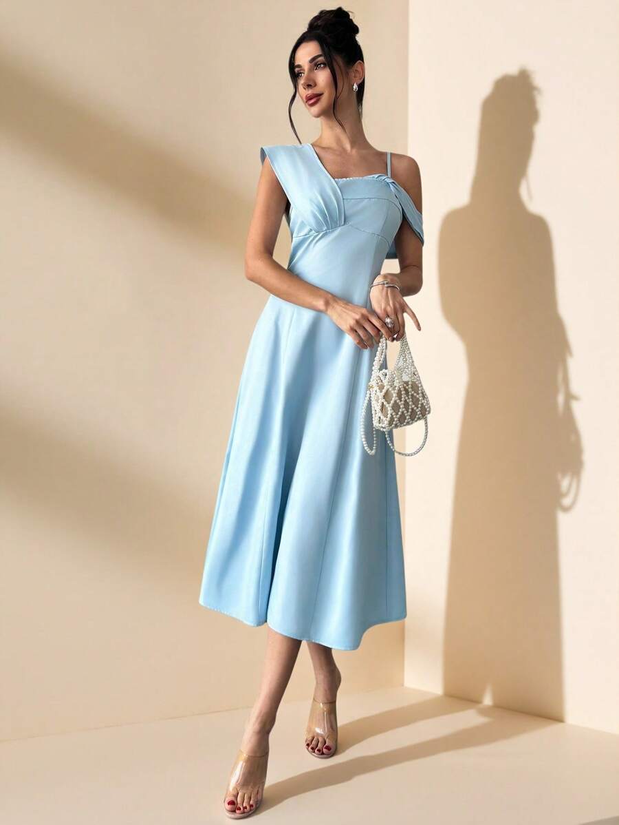 Firerie 女士优雅优雅浪漫婚礼宾客派对节日不对称领口高腰 A 字形吊带蓝色中长连衣裙