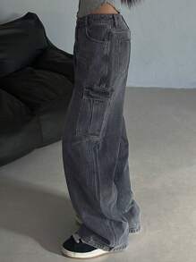 DAZY Jeans cargo de unicolor de pierna ancha y largo, de corte holgado para mujer