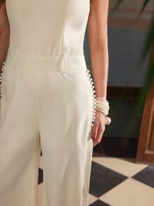 ZEYLAH Elegant Round Neck Sleeveless Side Pleated Jumpsuit, Summer - Beige - View 2