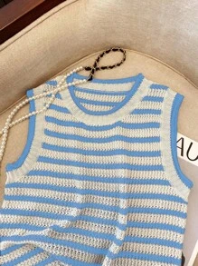 Franclia Rompi Rajut Garis Kontras Vintage Baru Desain Niche Pendek Tanpa Lengan untuk Wanita - MultiWarna - View 4