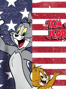 TOM & JERRY X SHEIN Young Boy Striped & Cartoon Pattern Round Neck Short Sleeve T-Shirt