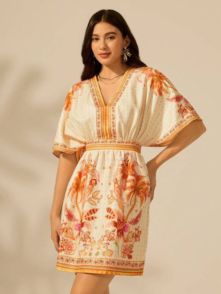 CAJUNI 女式波西米亚风热带椰子树花卉和鹦鹉印花休闲宽松 V 领短款迷你连衣裙，非常适合夏季海滩度假 - 彩色 - 查看 1