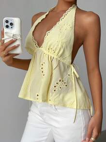 Aloruh Women's TYK Butter Yellow Cute V-Neck Side Tie-Up Revealing Back Ruched Embroidered Tank Top Women Summer Top Women Yellow Top Women Summer - Khaki - View 6