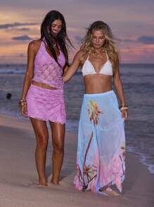 Aralina Printed Gradient Flowing Spliced Asymmetrical Hem Vacation Women Maxi Skirt , Beach - Multicolor - View 10