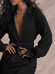 MUSERA Woven Long Sleeve Collar Ruched Mini Dress Ibiza Concert Holiday Fall Night Out Birthday Night Out Date Night Grunge Fall  Elegant Summer - Black - View 5