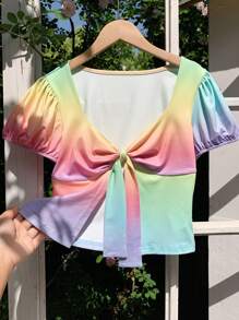 Comfortcana Áo thun nữ tay ngắn họa tiết nơ cầu vồng ombre thời trang mùa hè - Nhiều màu - Xem 7