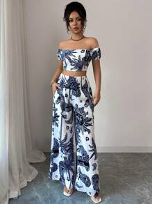 Elenzga 女式波西米亚风格印花围裙上衣，露肩设计 + 系腰直筒裤套装 - 彩色 - 查看 7