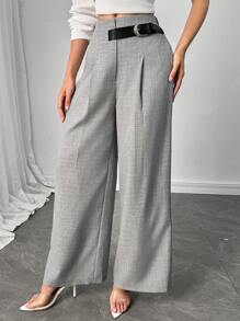 Modelyn 女式优雅单扣前开阔腿直筒裤 - 深灰色 - 查看 7