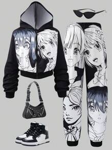 SHEIN Teen Girls Anime Print Long Sleeve Hooded Top And Pants Set