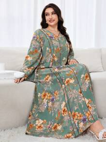 Al Najma Plus Size Women Floral Print V-Neck Flare Sleeve Loose Arab Style Maxi Dress, Modest Kaftan