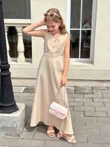SHEIN Tween Girls Casual Commuter Butterfly Knot Decor Sleeveless A-Line Maxi Dress