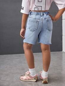 Shorts vaqueros azules desgastados de estilo casual de verano para niña joven - Lavado ligero - Ver 2