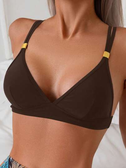 Swim Basics Damen Bikini Oberteil mit feinen schwarzen Streifen und doppeltem Träger mit goldenem Schnallenverschluss