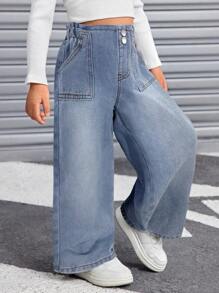 SHEIN 年轻女孩简约纯色纽扣口袋宽松直筒牛仔裤