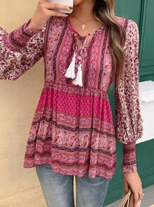 SHEIN Holidaya 花卉印花流苏领口灯笼袖荷叶边衬衫荷叶边上衣 - 彩色 - 查看 5