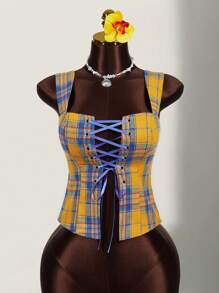 Amplova Metal Eyelet Lace-Up Plaid Sleeveless Blouse For Women