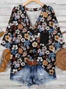 EMERY ROSE 百搭碎花圆领口袋T恤，休闲简约，适合夏季大码 - 彩色 - 查看 1