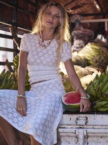 Aralina Lace White Boho Ruched Shirring Waist Summer Vacation Top - White - View 8