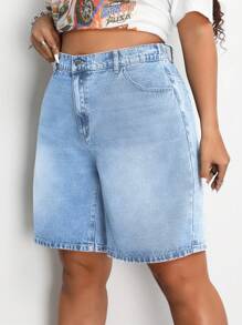 SHEIN ICON Plus Size Women's Loose-Fit Casual Denim Shorts With Pockets Autumn Outfits For Women Festival Outfits Bermuda Shorts Casual