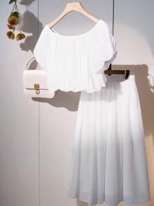 Franclia Set de 2 piezas de verano informal y casual para mujeres, tejido suave y sin estiramiento en color blanco, conjunto de primavera y verano para damas, vestido para invitadas de boda