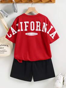 SHEIN 2pcs Kids/Tween Boy Casual Versatile Comfortable Street Fashion Letter Print Loose Round Neck Short Sleeve Knit T-Shirt And Shorts Set, Suitable For School, Garden, Beach, Birthday, Spring, Summer, Fall, Winter - Red - View 4