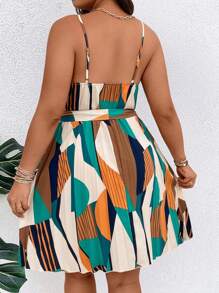 Breezaya Vestito mini con fantasia geometrica, bretelline e volant sulla gonna, taglie comode per donna