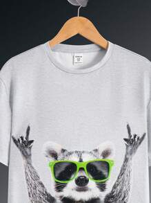 Tween Boy Cute Cartoon Animal Print Round Neck Knit T-Shirt - Light Grey - View 3
