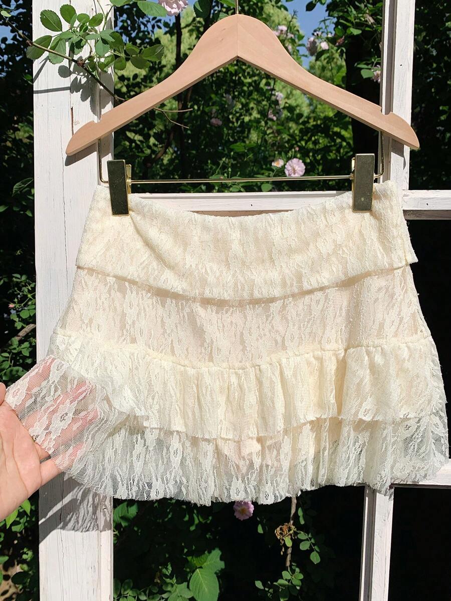 Comfortcana Váy mini ren viền bèo nhún màu trơn ngọt ngào Y2K dành cho nữ, phong cách Bohemian mùa hè cho kỳ nghỉ - Màu be - Xem 1