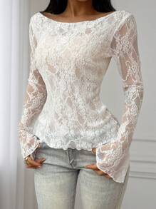 Flirla Plus Size Sexy Lace Ruched Oblique Shoulder Long Sleeve T-Shirt - White - View 5