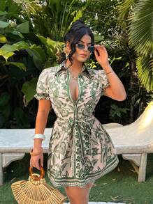 SHEIN SXY 波西米亚风单排扣系带短袖A字连衣裙，女士夏季短裙，海岛度假装，夏装，女士度假装，波西米亚风女装，女士邮轮装，女士夏威夷装，热带连衣裙，衬衫裙，伊比沙岛装 - 綠色 - 查看 3