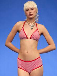 COUREZ Áo bikini tam giác kẻ sọc phối quần đùi / Trang phục đi biển mùa hè/ Phong cách Y2K/ Phong cách vintage thường ngày - Đỏ - Xem 5