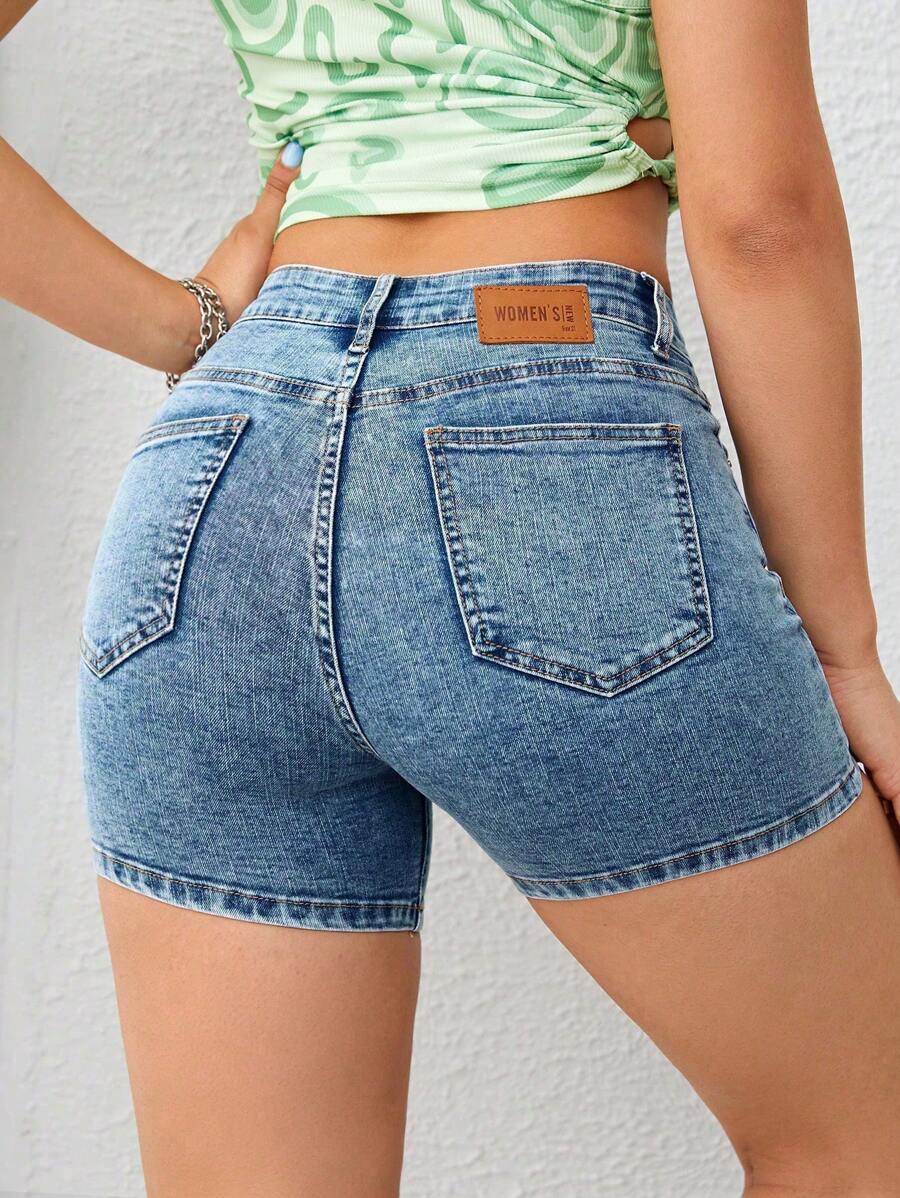 SHEIN Essnce Casual Washed Elastic Fitted Denim Shorts - Medium Wash - View 1