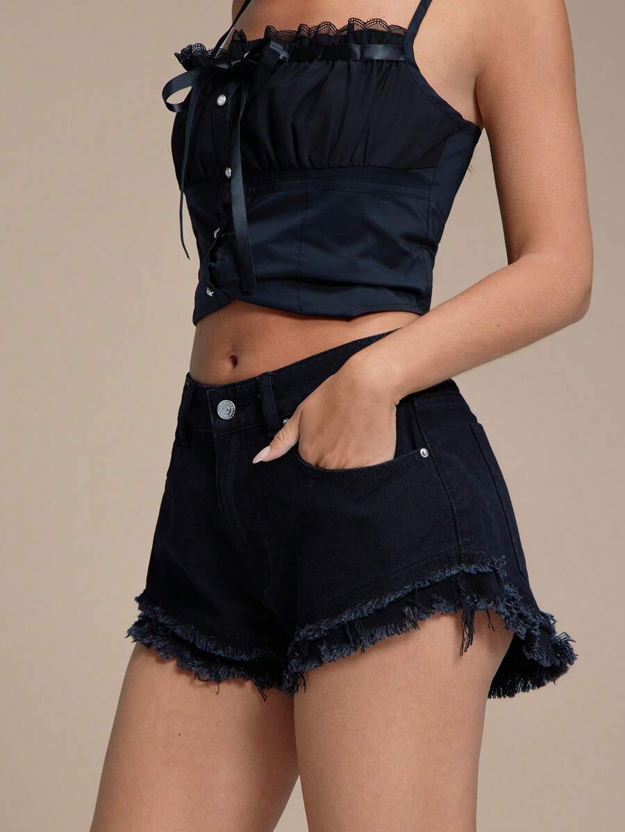 WESTFADE High Rise Frayed Hem Fitted Western Nashville Cowgirl Denim Shorts - Black - View 1