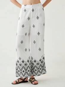 Florisole Women Embroidered Pattern Fitted Comfortable Casual Long Pants Fall Cloth For Women - White - View 1
