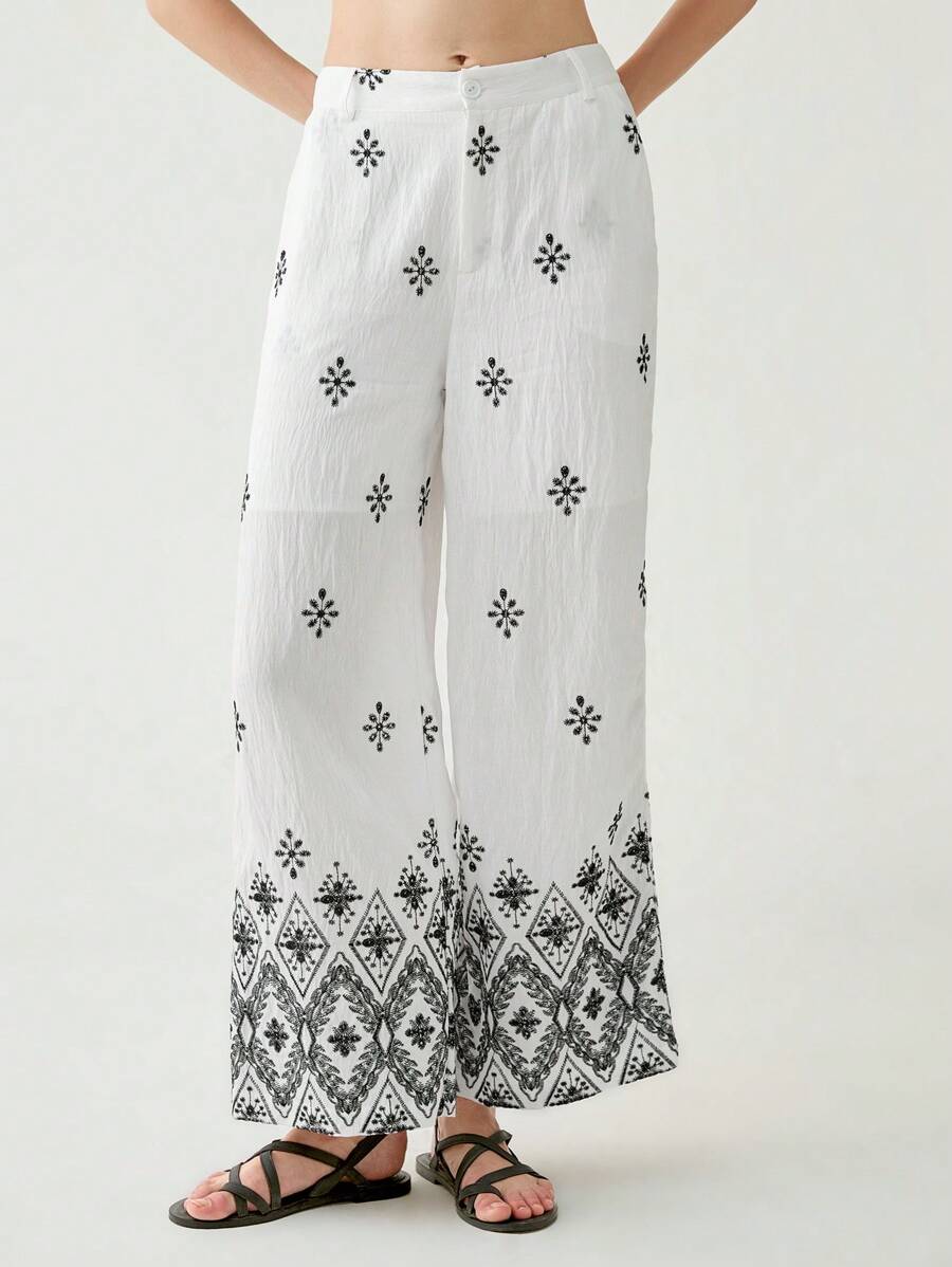 Florisole Women Embroidered Pattern Fitted Comfortable Casual Long Pants Fall Cloth For Women - White - View 1
