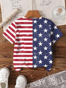 TOM & JERRY X SHEIN Young Boy Striped & Cartoon Pattern Round Neck Short Sleeve T-Shirt