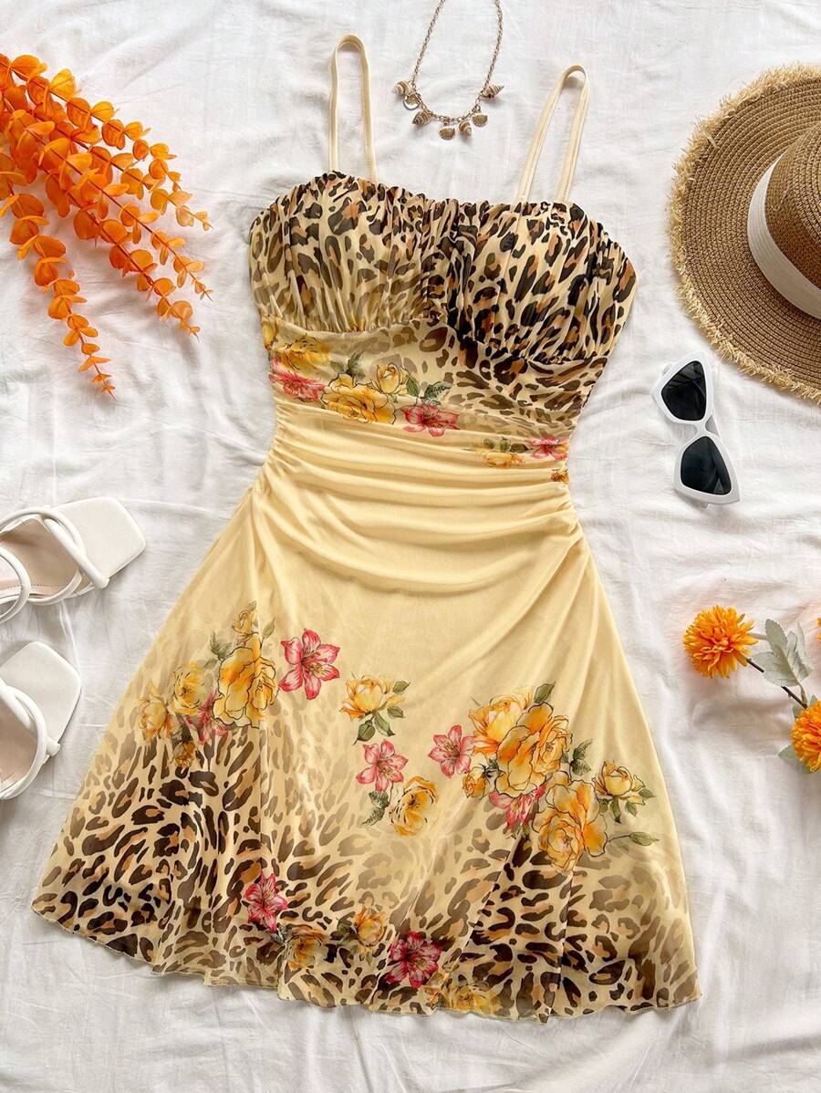 Soleia 性感豹纹扎染花卉印花网眼吊带束腰迷你连衣裙，适合节日、约会、下午茶、度假、音乐节、海滩、夏季服装、波西米亚风、度假、钩针编织、亚麻布，