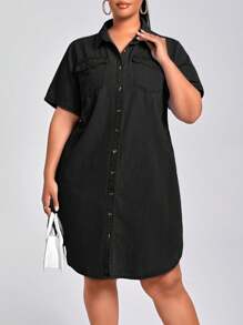 EMERY ROSE Vestido vaquero de manga corta y abotonado al frente, de color liso y talla grande, apropiado para el verano