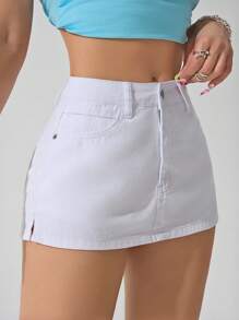 SHEIN PETITE Women's Plain Denim Shorts, Fashionable For Summer