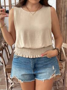 SHEIN LUNE 加大码纯色无袖圆领休闲基本款可爱上衣衬衫，适合春夏毕业典礼 7 月 4 日白色毕业典礼