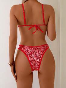 Swim Mod Lace Trim Triangle Cup & Embroidered Sunflower Print Triangle Panty 2 Pieces Set For Women For Summer Beach Vacation - Red - View 2