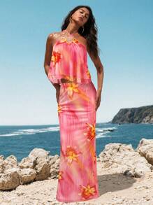 Opulessa 针织网眼印花挂脖女式背心 - 紅色 - 查看 5