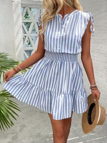 SHEIN PETITE Đầm nữ thiết kế nút kẻ sọc buộc vai dây rút eo - Xanh và trắng - Xem 3