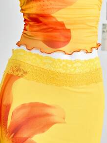 SHEIN Leap Crew 少女日落扎染花卉针织网眼不对称领口蝴蝶结褶饰上衣和 A 字形不对称下摆半身裙套装，休闲海滩度假日常装 - 黃色 - 查看 4