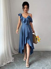 Elenzga 优雅夏季不对称荷叶边牛仔效果连衣裙 - 藍色 - 查看 3