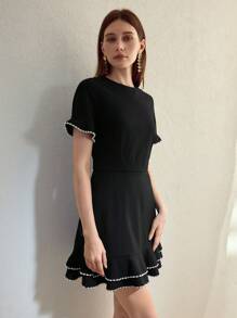 MOTF STUDIO Vestido mini de punto de talle ajustado y línea A con decoración de perlas de imitación