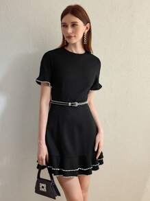 MOTF STUDIO Vestido mini de punto de talle ajustado y línea A con decoración de perlas de imitación