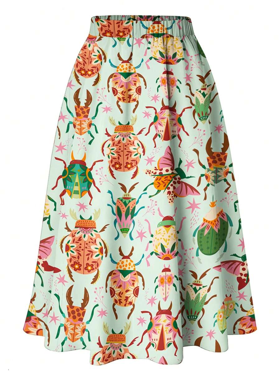 SHEIN Clasi Váy midi cạp cao in hình bọ cánh cứng dễ thương cỡ lớn, váy chữ A thoải mái và giản dị, váy maxi cho nữ - Nhiều màu - Xem 1