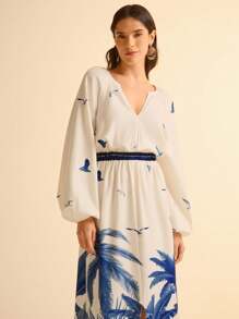 CAJUNI Robe décontractée bleue ample avec fente, imprimé tropical, col en V, manches longues évasées pour femme - Multicolore - Voir 1