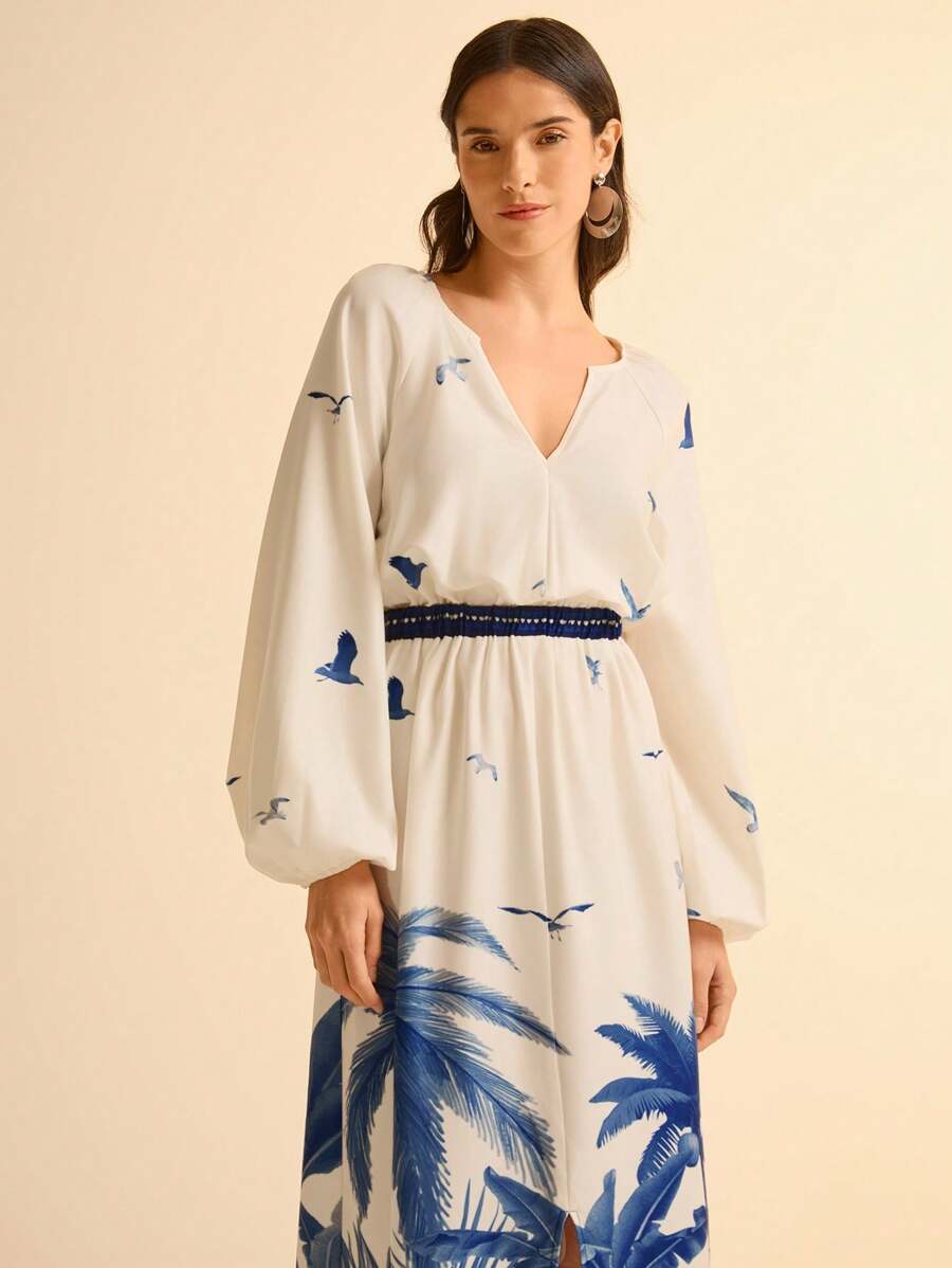 CAJUNI Robe décontractée bleue ample avec fente, imprimé tropical, col en V, manches longues évasées pour femme - Multicolore - Voir 1